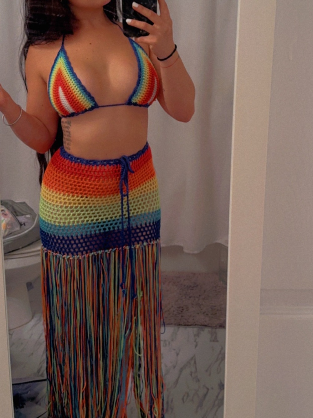 Rainbow Crochet Bikini Top & Fringe Skirt Set - Multicolor